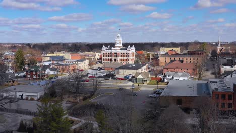 Aerial over Franklin Indiana a quaint all American Midwest town with pretty central courthouse