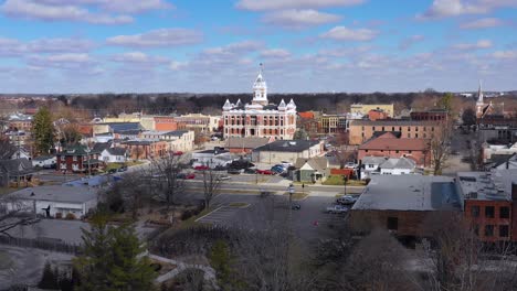 aerial over franklin indiana a quaint all american midwest town with pretty central courthouse