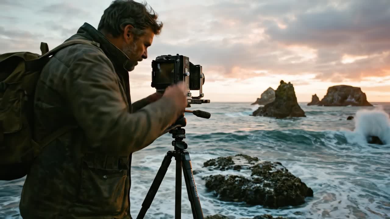 Fotógrafo capturando ondas do oceano e pilhas marinhas ao pôr do sol