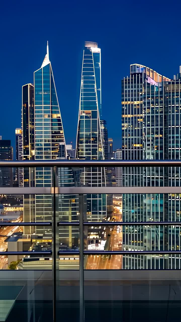 Vertical video: Lighting skyscraper facades and cars tracing light trails from balcony at night