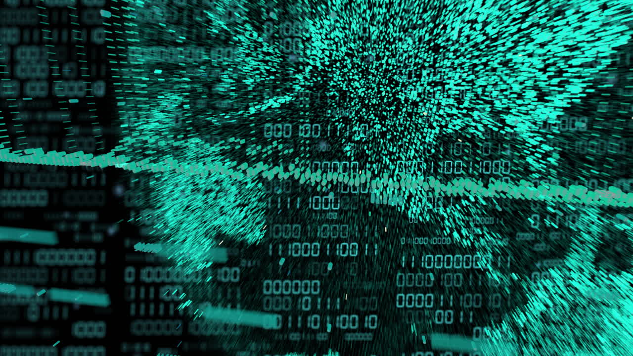 animación del globo con codificación binaria y procesamiento de datos sobre fondo oscuro