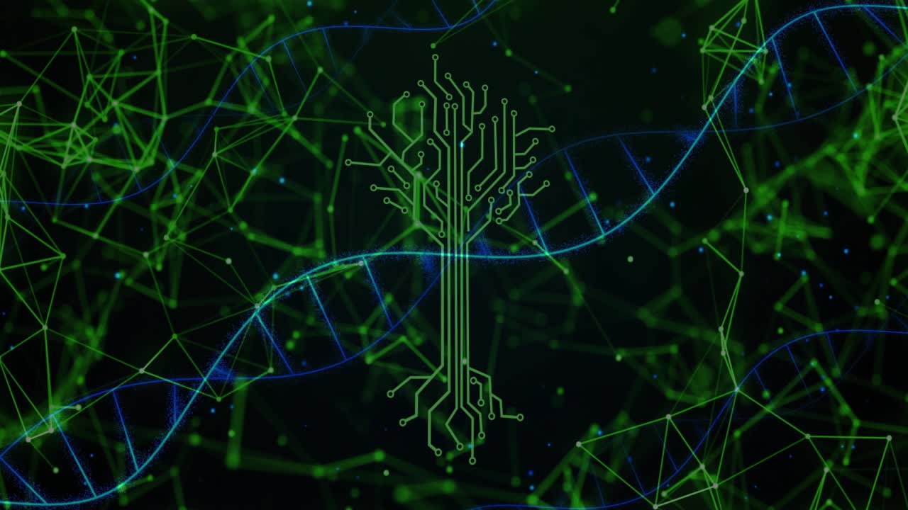 Network field opening, helix sweeping across, circuit-tree forming to visualize tech-bio data flow