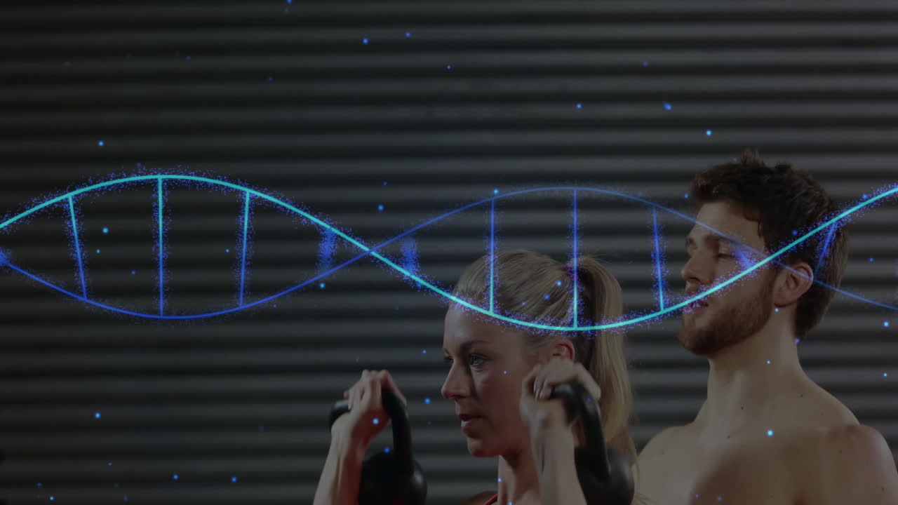 체육관에서 운동하는 백인 커플에 대한 dna 스트랜드의 애니메이션