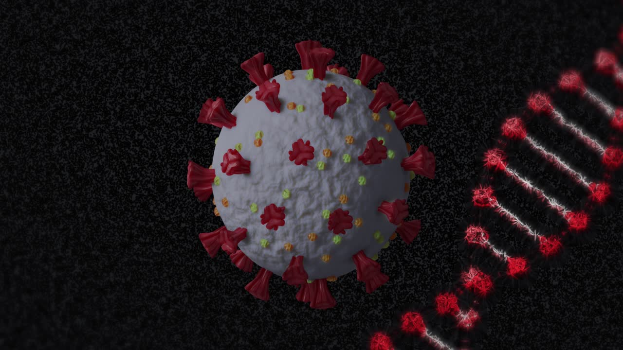 Animazione di un filamento di DNA che ruota su una cellula Covid-19 che cade su sfondo scuro.