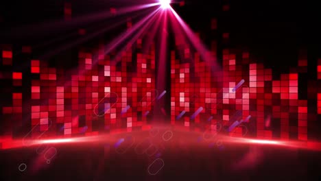 Animation-Von-Lila-Feuerwerk-Und-Quadratischen-Roten-Lichtern,-Die-Sich-Bewegen,-Mit-Scheinwerfern-Auf-Schwarzem-Hintergrund