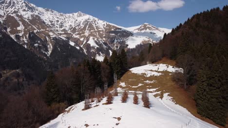 Establisher-aerial-view-of-Cattedrale-vegetale-on-top-of-alps-mountain-in-Orobie