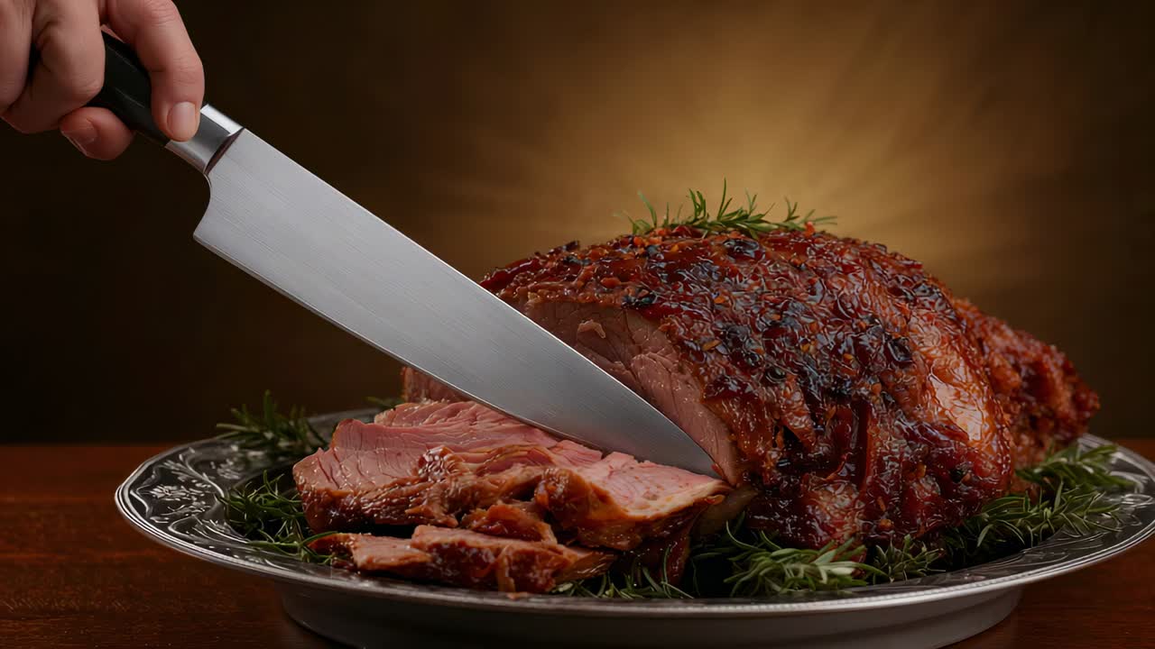 Roast getting carved, knife starting down slice by right-hand on tabletop, with platter for serving