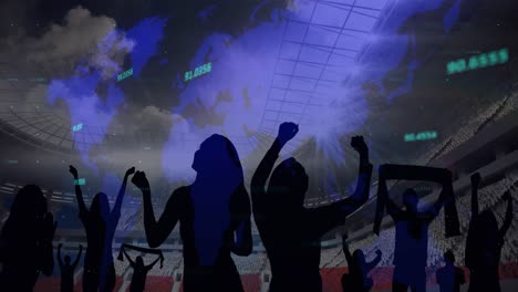 multiple changing numbers over world map over silhouette of fans cheering against sports stadium