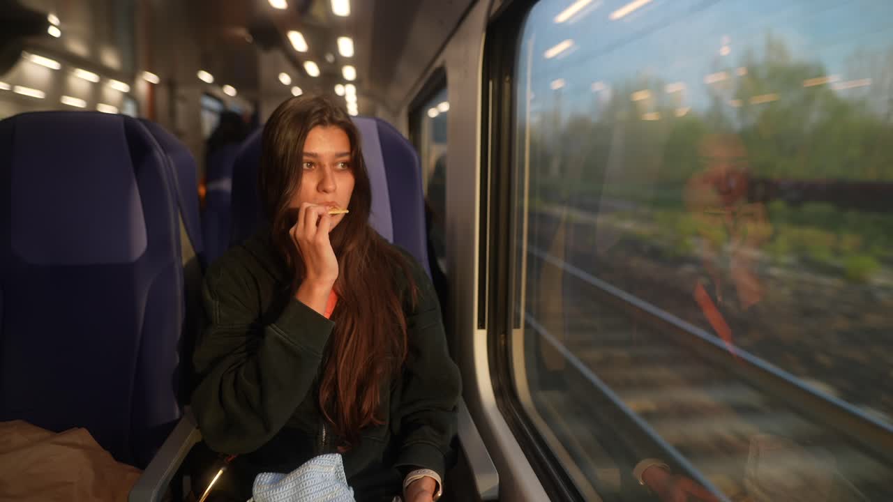 Woman eating on a train