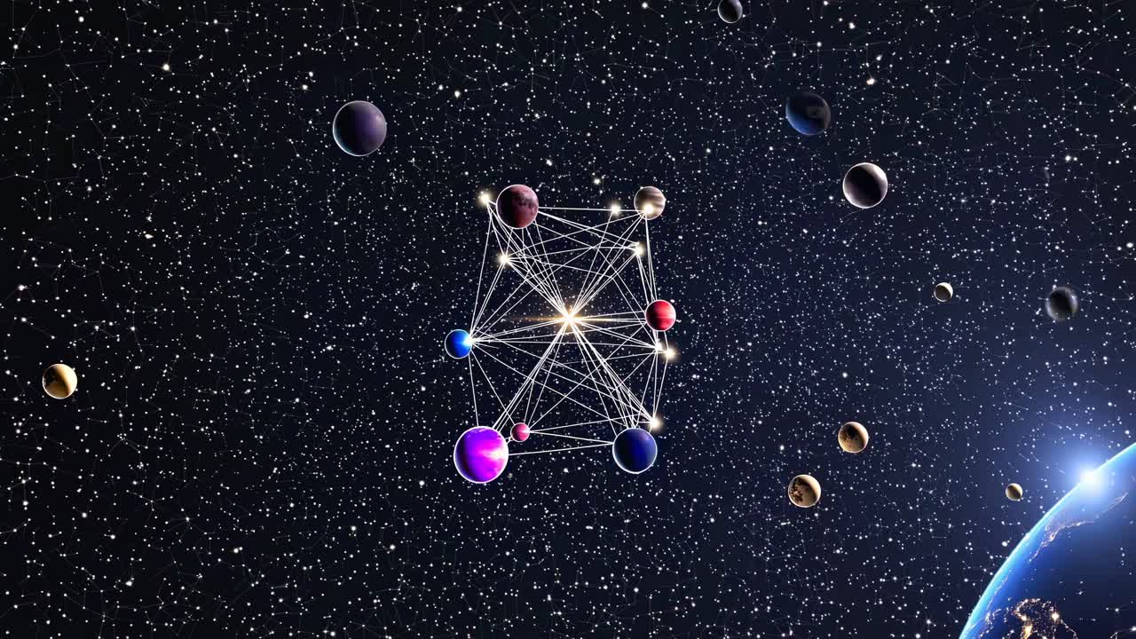 A cosmic network of planets connected by glowing lines, viewed from a top-down angle
