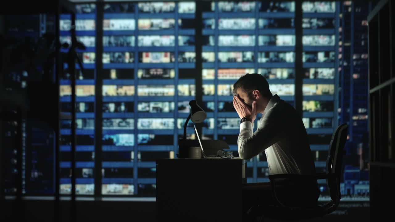 Tired young man working on a laptop late night in the office. Sleepy Businessman sitting at desk in dark office. Tired and stressed businessman in glasses works on a laptop of the night city office