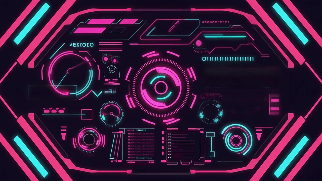 Animated Futuristic HUD Interface with Neon Pink and Blue Digital Elements
