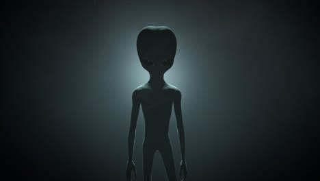 3d cgi vfx animation of a classic roswell style grey alien on a dark backlit background, standing and looking menacingly into the camera, with a smokey, atmospheric environment