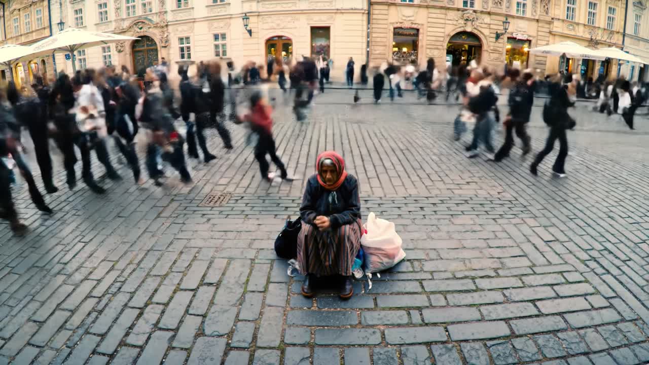 A woman wearing a headscarf sits calmly in the center of a bustling city square while pedestrians hurry by in the late afternoon. The contrast highlights her stillness against the lively backdrop.