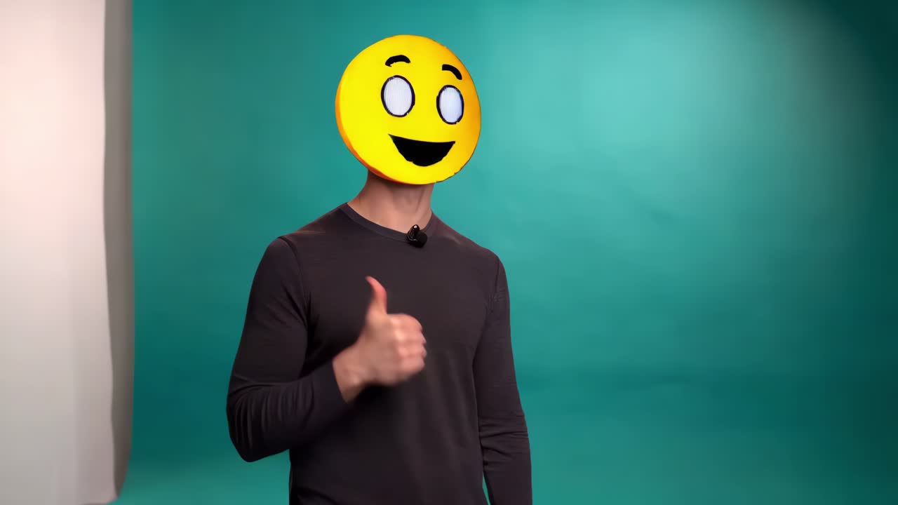 미소 짓는 얼굴 마스크 를 입은 사람 이 엄지손가락 을 올리고 있다