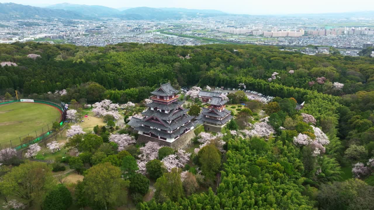 Aerial Drone fly along Kyoto Fushimi Castle, Cherry blossom Sakura spring landscape at daylight