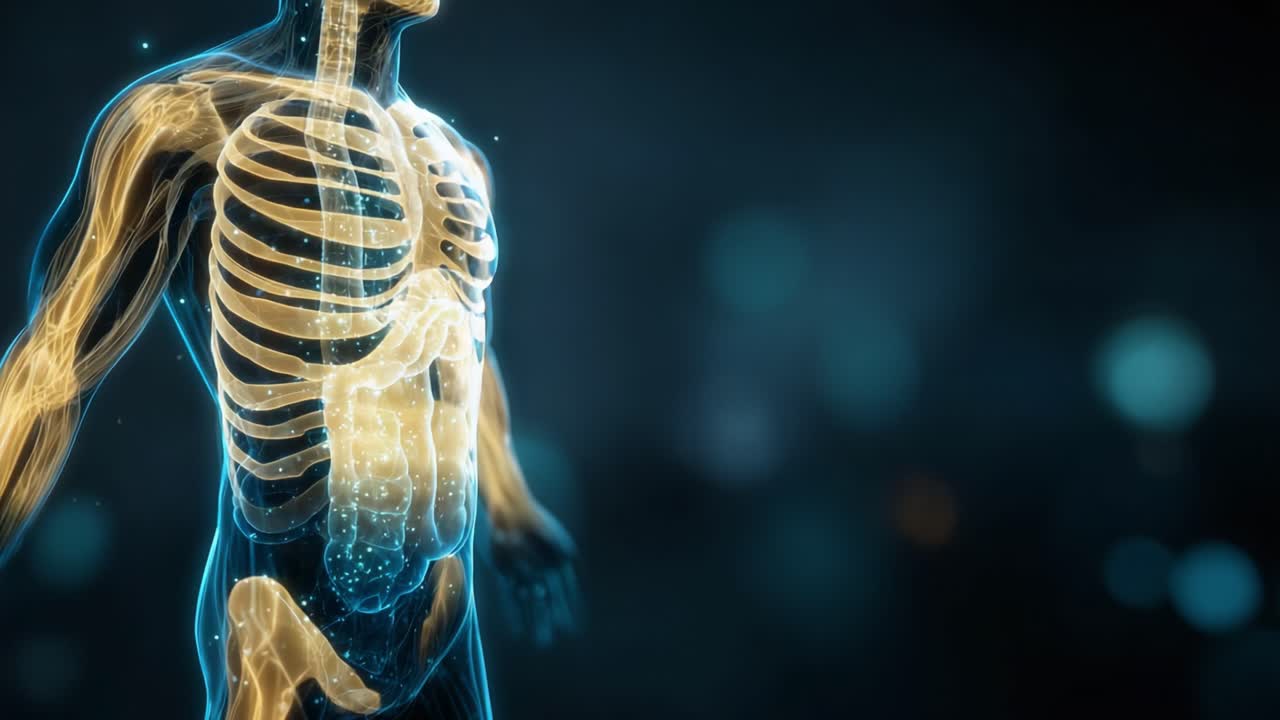 Visualizzazione anatomica del corpo umano: Dai dettagli molecolari alla struttura scheletrica – Un viaggio attraverso la complessità biologica e l'energia radiante.