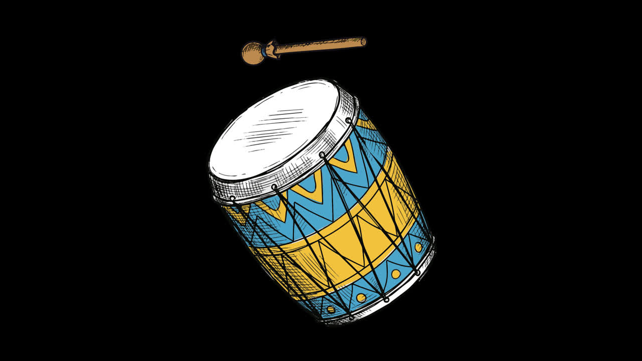 Drum dan Stik Drum Animasi Gambar Tangan di Latar Belakang Hitam.