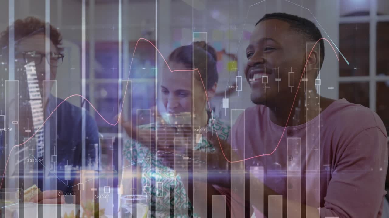 Animation of data processing over diverse business people talking and smiling