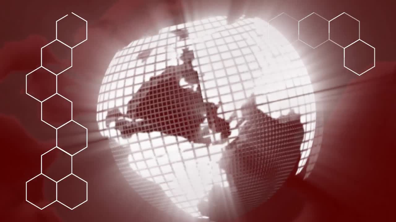 animación de hexágonos sobre el globo sobre fondo rojo