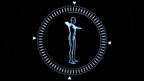 Animation-of-spinning-circle-with-human-body-inside-and-flickering-scope-moving-on-black-background