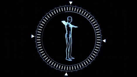 animación de un círculo giratorio con un cuerpo humano en el interior y un telescopio parpadeante que se mueve sobre un fondo negro