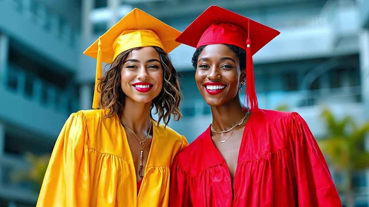 Two women in graduation gowns and hats pose for a picture