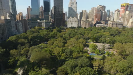 Disparo-De-Drone-Inclinándose-Sobre-El-Parque-Central,-Día-Soleado-En-Manhattan,-Nueva-York