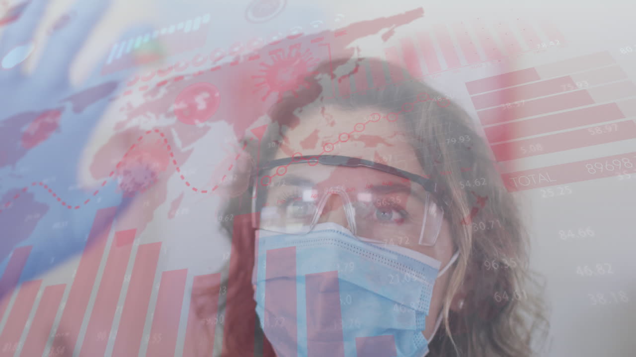 el video digital muestra a los científicos con la vacuna contra la covid-19 analizando las estadísticas, promoviendo la seguridad sanitaria.