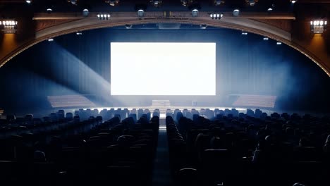 audience watching an empty white screen during a conference presentation in a professional setting