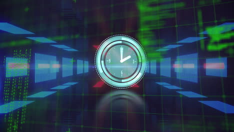 Clock animation with digital grid and green data lines in background