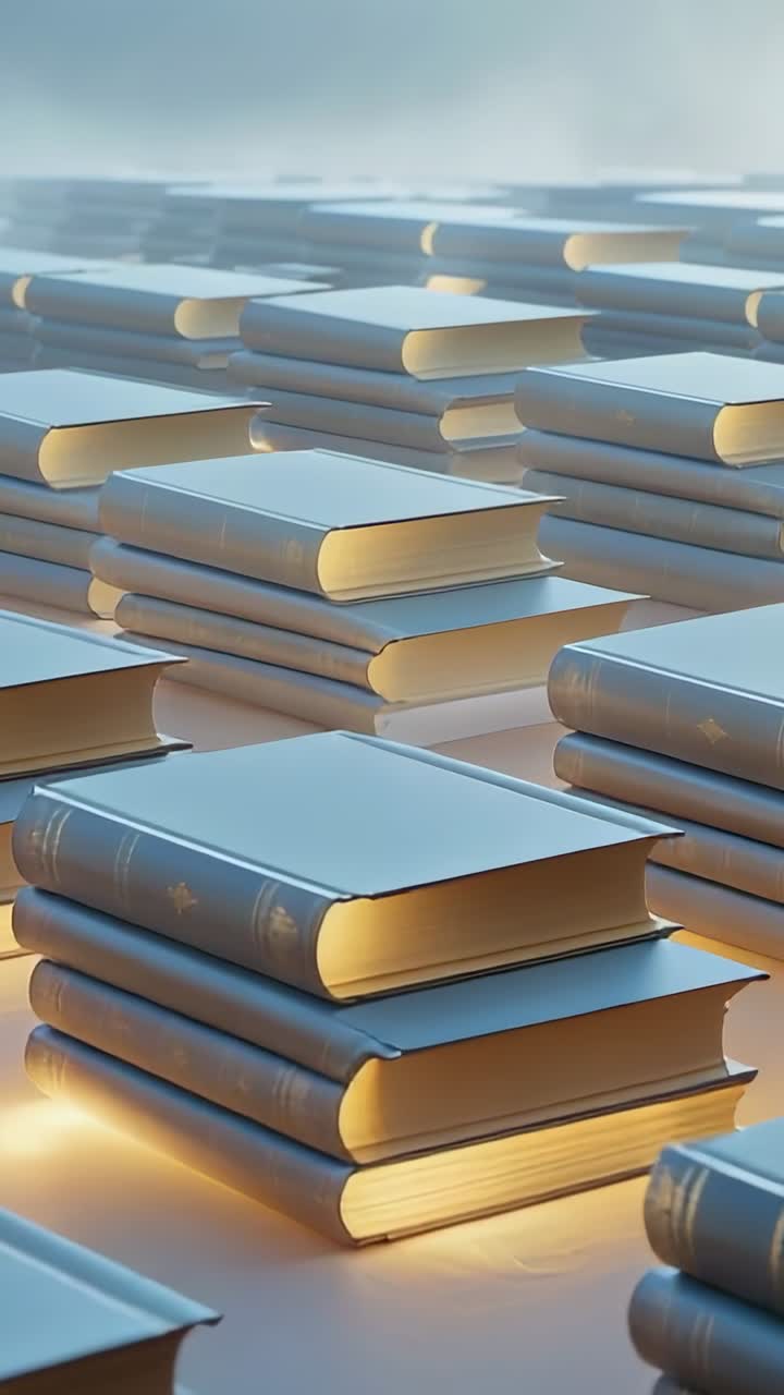 Vertical video: Moving camera revealing stacked books on studio floor, showing mist and warm glow