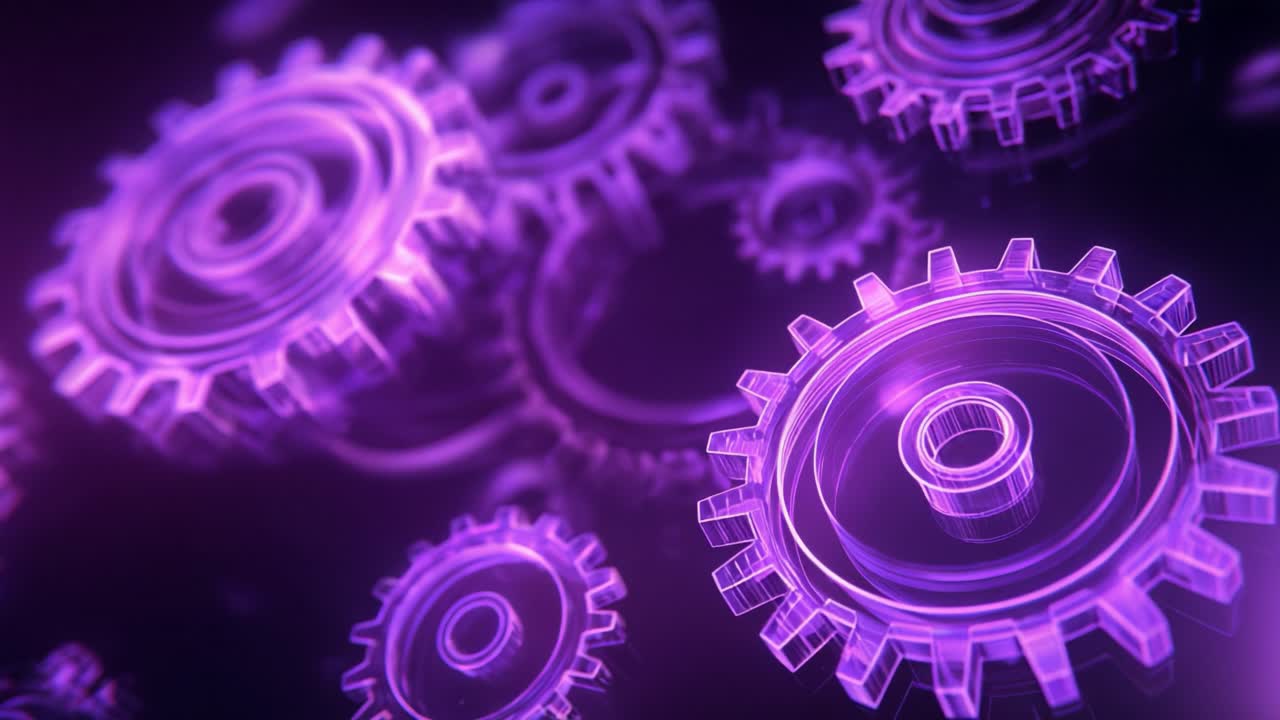 Abstract purple wireframe gears rotating in a seamless loop, representing concepts of technology, engineering, teamwork, and industrial process, with a shallow depth of field on a dark background