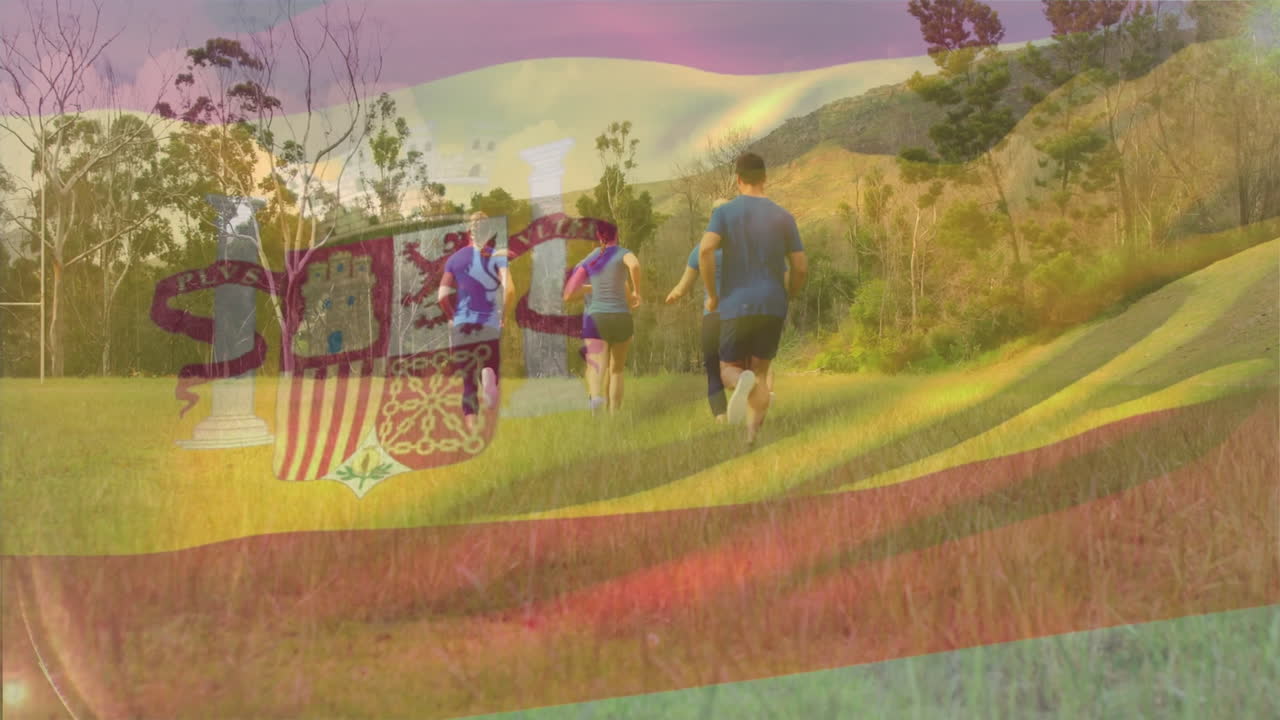 Running in grassy field, people with Spanish flag animation, countryside background