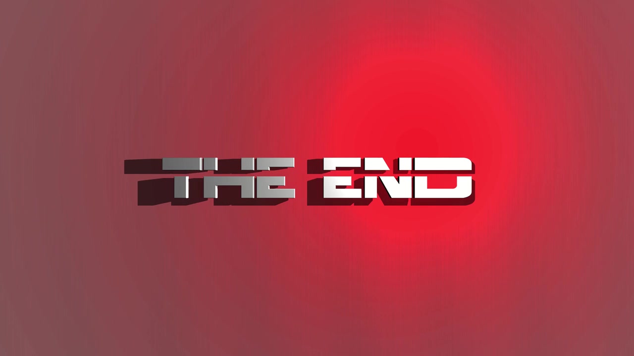 Rendering 3D del testo finale con luce rossa brillante e ombra su sfondo sfumato, che crea un'animazione finale cinematografica progettata per le visualizzazioni di chiusura dei film e le sovrapposizioni video.