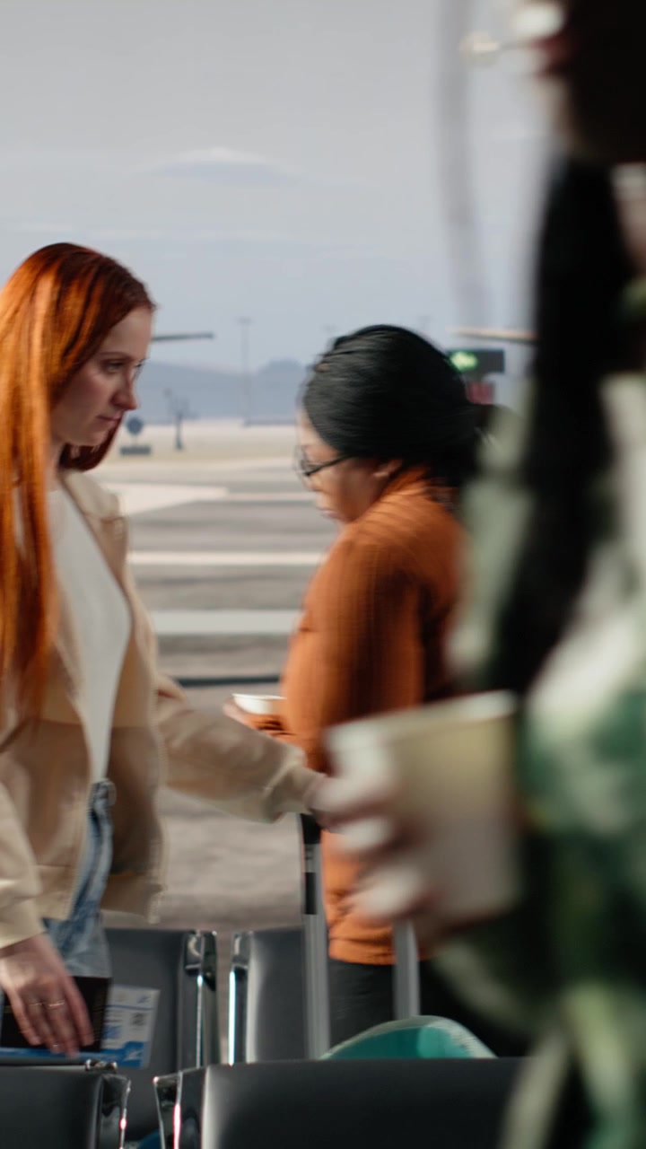 Travelers with Luggage Walking Past Airport Terminal Window