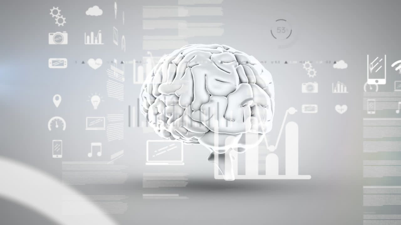 animación de procesamiento de datos sobre el cerebro giratorio y el mercado de valores en fondo blanco