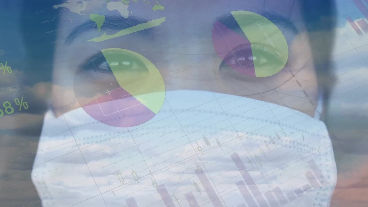 animación de estadísticas y procesamiento de datos sobre mujeres que usan máscaras faciales
