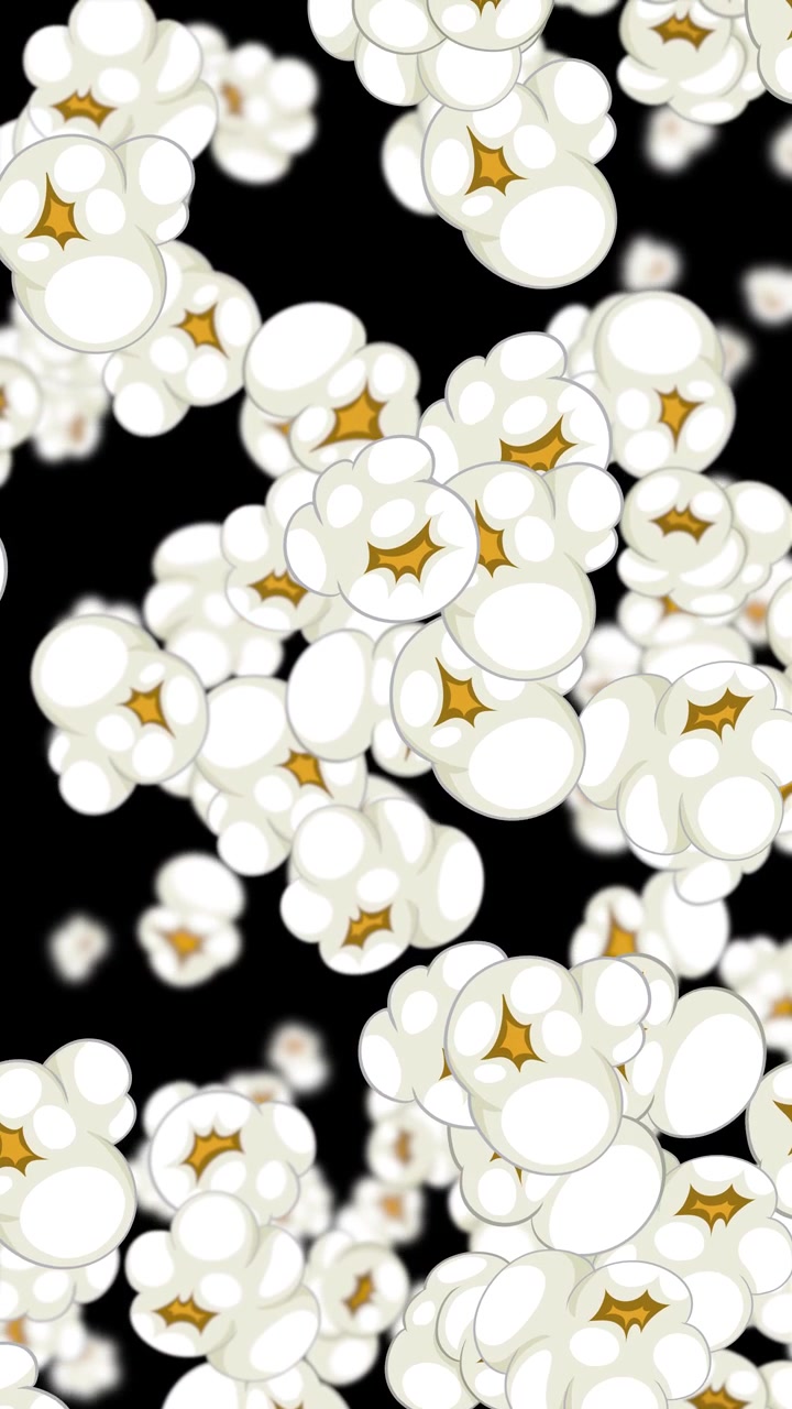 Animazione verticale in loop di popcorn che cadono su sfondo nero con un movimento fluido della profondità di campo