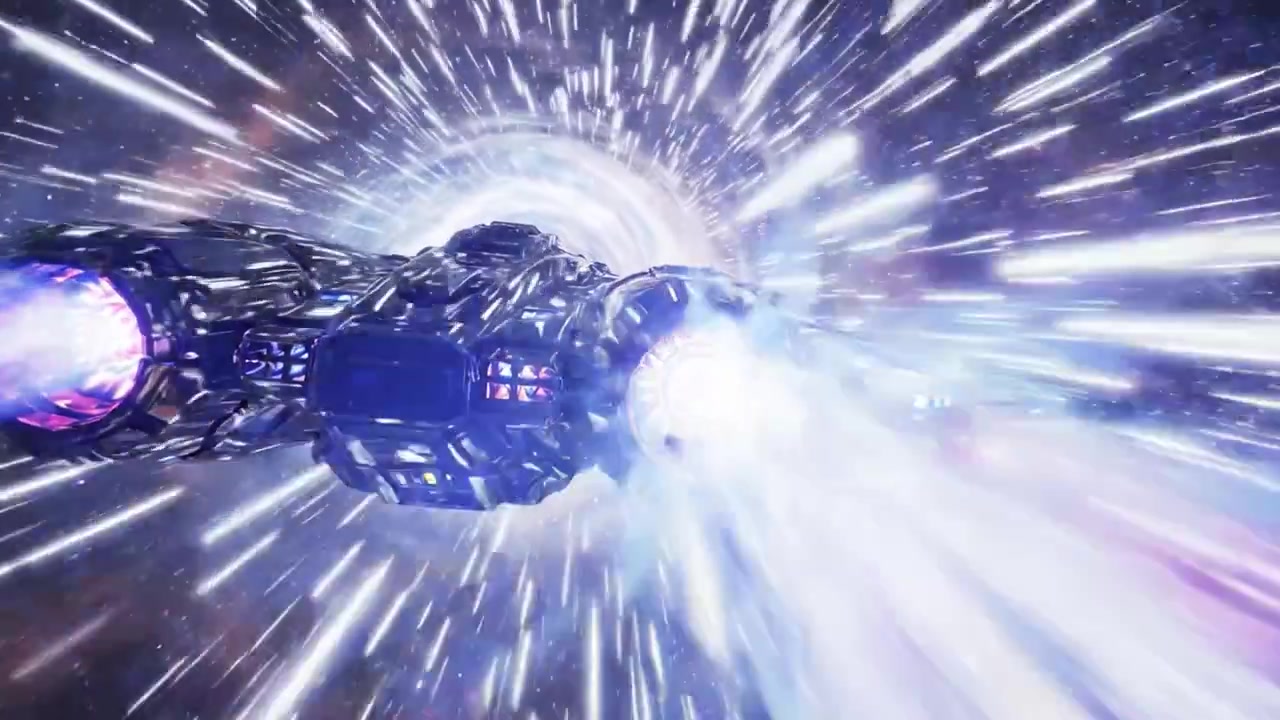 Et futuristisk rumskib på hyperrumrejse gennem et dynamisk ormehul, der udsender levende motorspor i et fantastisk kosmisk miljø.