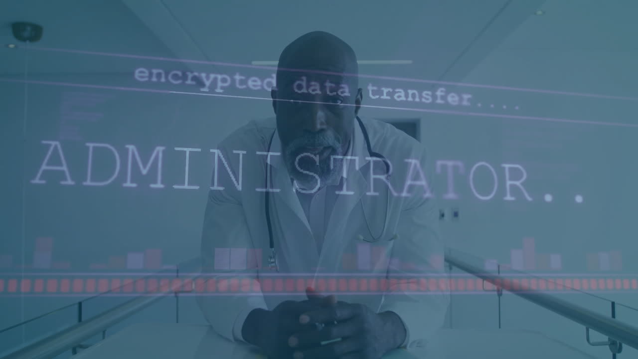 Doctor in lab coat with encrypted data transfer animation overlay