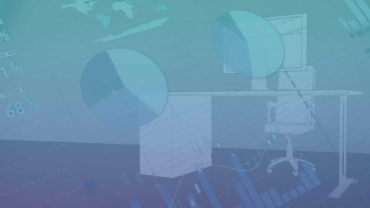 animación del procesamiento de datos estadísticos sobre un modelo de oficina 3d contra un fondo de gradiente azul