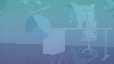 animación del procesamiento de datos estadísticos sobre un modelo de oficina 3d contra un fondo de gradiente azul