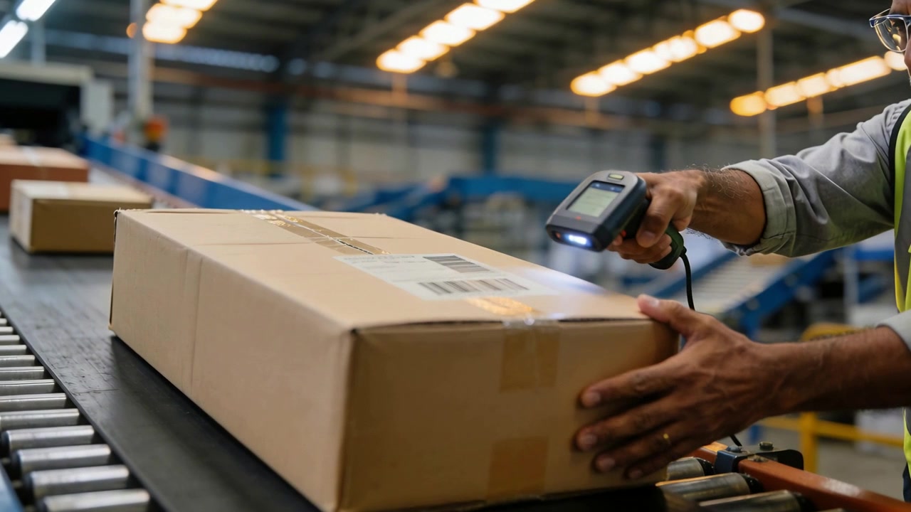 Scanning worker in vest holding package as sorting line moving boxes aiming scanner for sorting