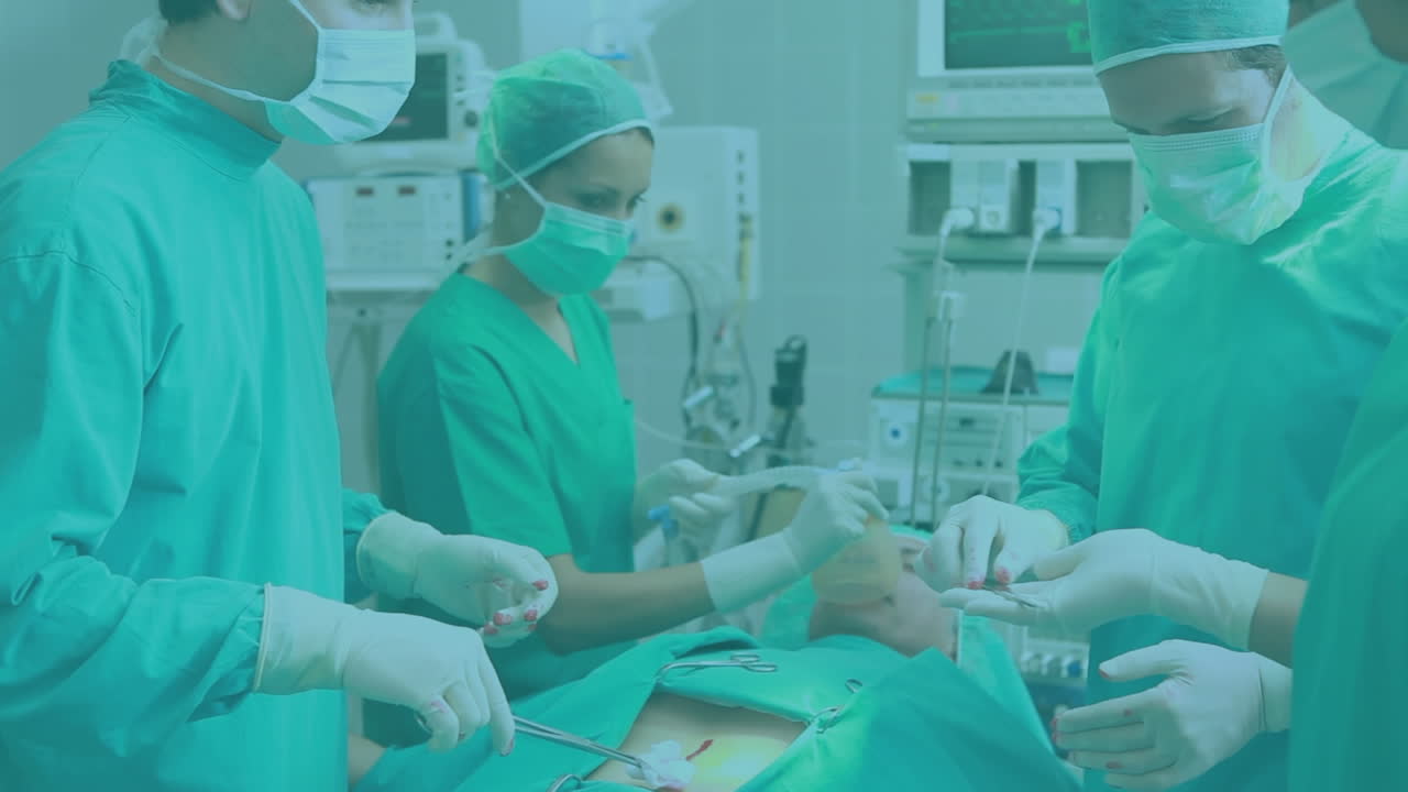 animación de la red de conexiones sobre los cirujanos que operan al paciente en la sala de operaciones