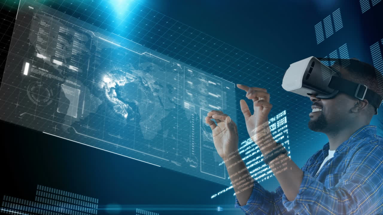 Using virtual reality headset, man interacting with digital interface over world map