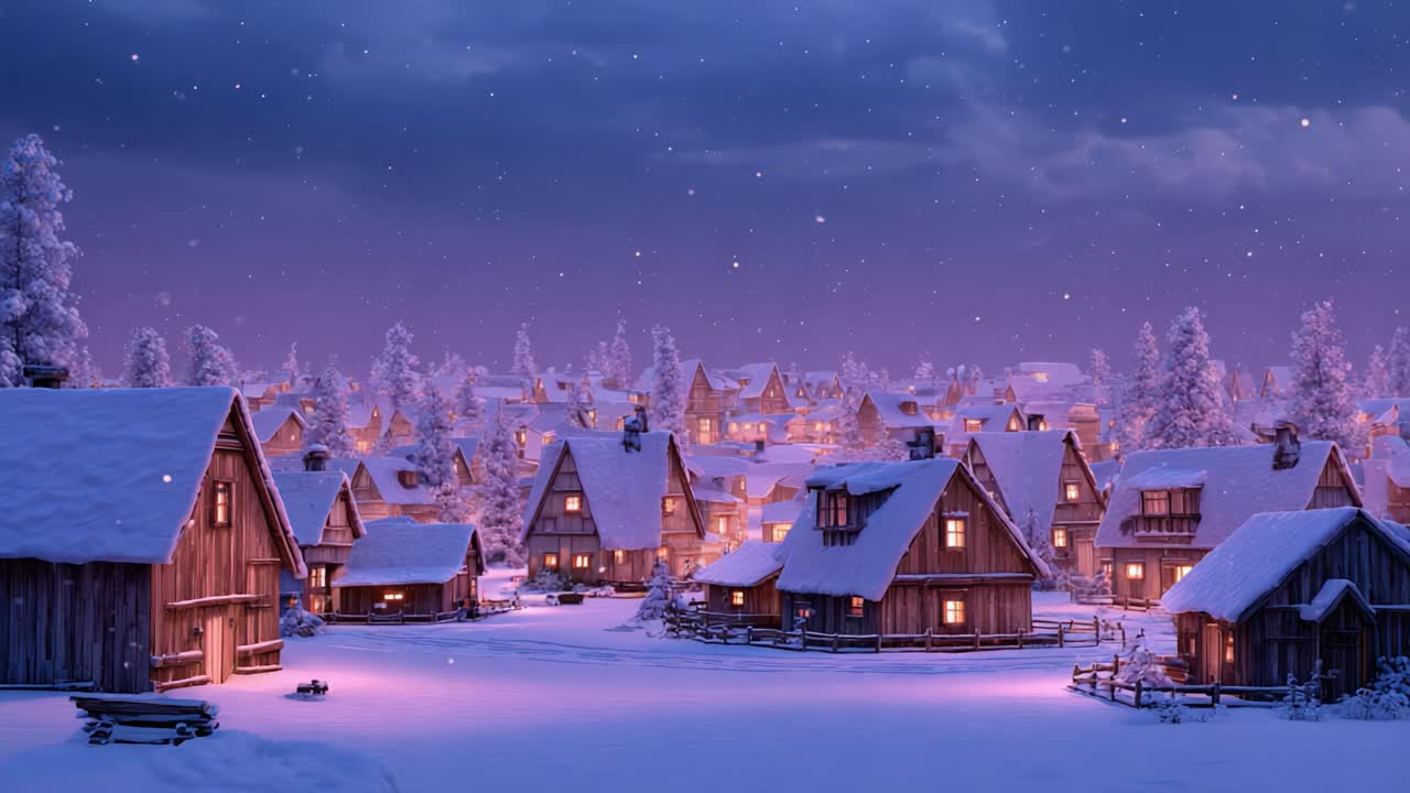 Enchanting Winter Wonderland: A Serene Evening Glow Reflecting off Snow-Covered Village Rooftops Amidst Gentle Snowfall and Warm Illuminated Windows