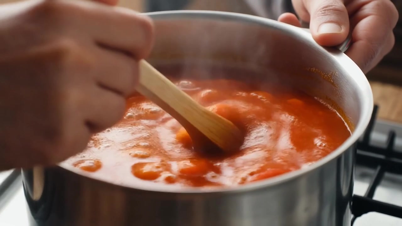 Chef mexendo molho de tomate em uma panela de aço inoxidável