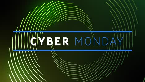 Animation-Eines-Cyber-Monday-Textbanners-über-Sich-Drehenden-Lichtspuren-Vor-Grünem-Hintergrund