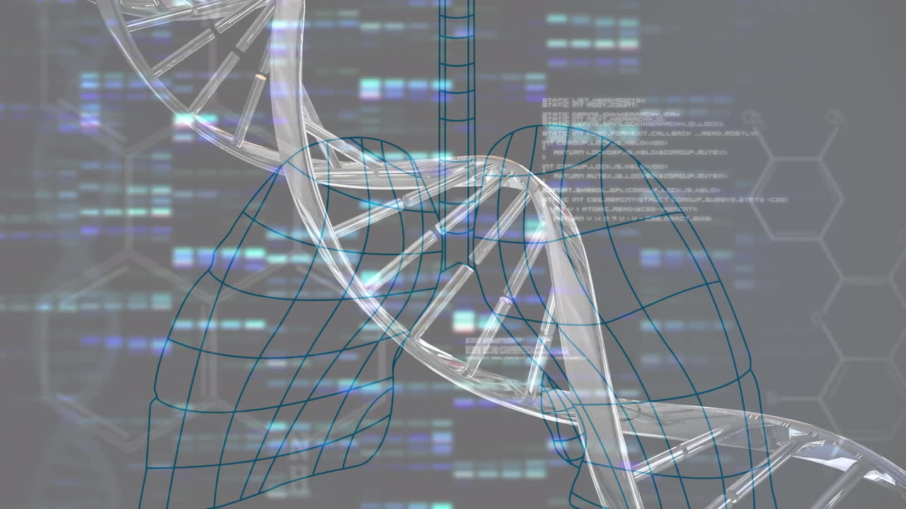 Animation of dna strand over data processing and digital lungs